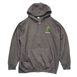 Monster Energy Hoodie Mens Large Gray Full Zip Sweatshirt Skater Logo Y2K